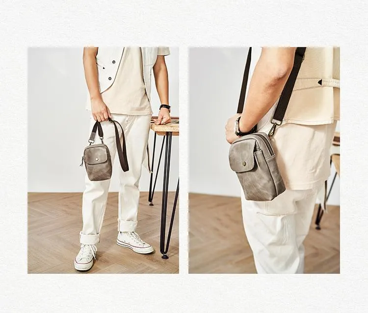 Cool Black Leather Mens Small Messenger Bag Courier Bag Chest Bag Phone Side Bag for men