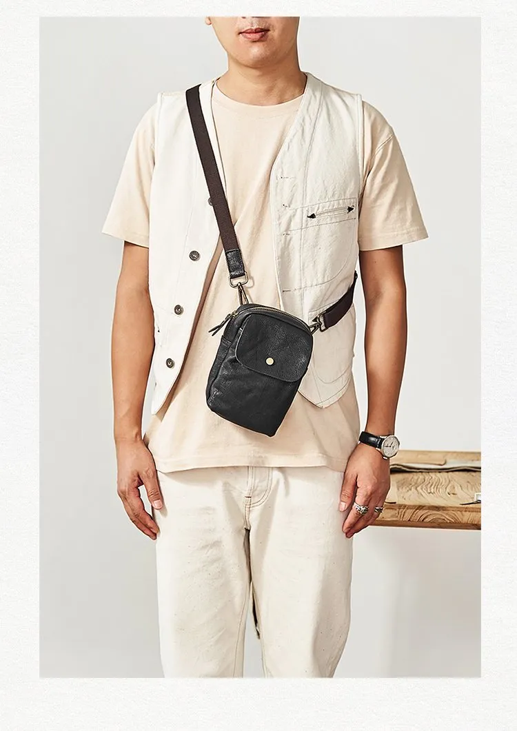 Cool Black Leather Mens Small Messenger Bag Courier Bag Chest Bag Phone Side Bag for men
