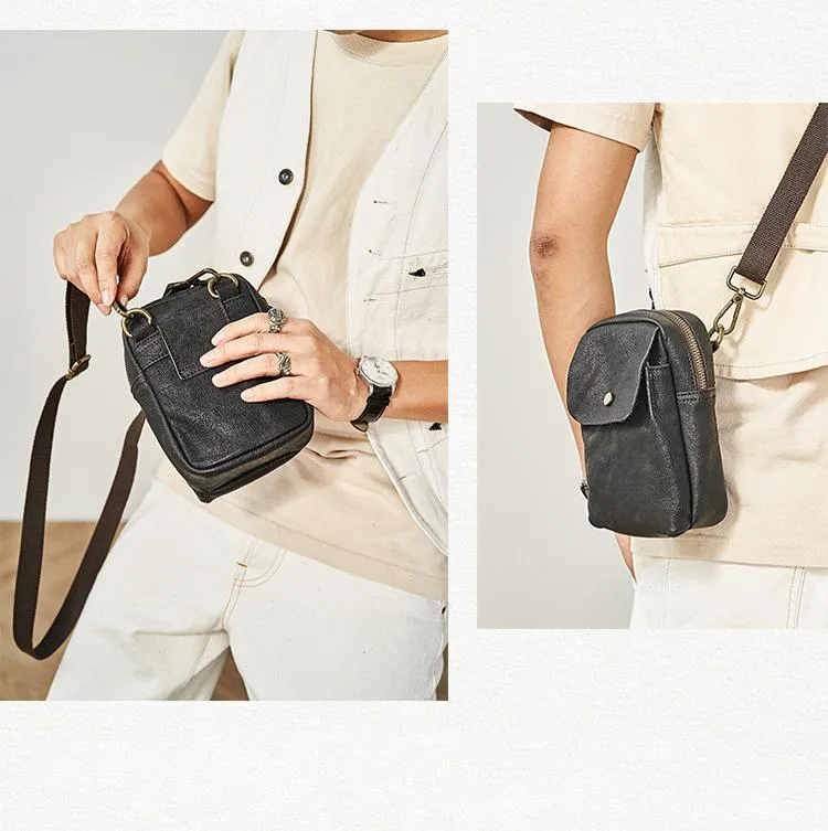 Cool Black Leather Mens Small Messenger Bag Courier Bag Chest Bag Phone Side Bag for men