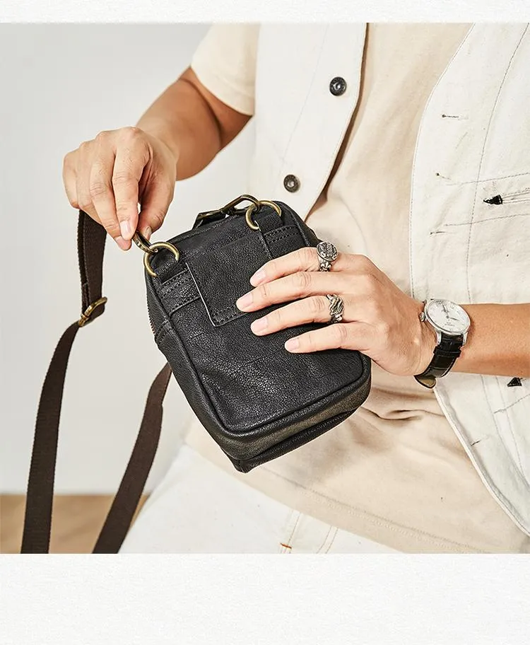 Cool Black Leather Mens Small Messenger Bag Courier Bag Chest Bag Phone Side Bag for men