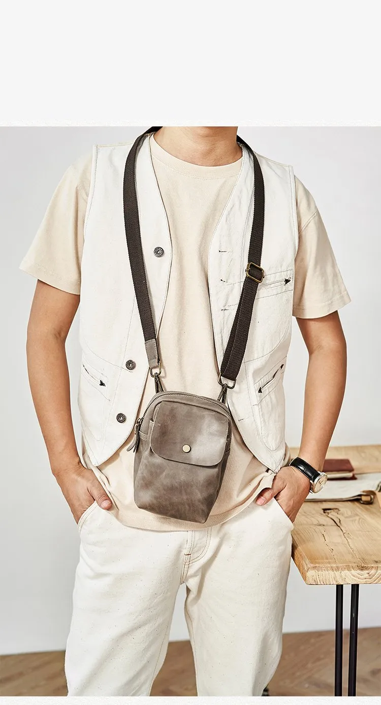 Cool Black Leather Mens Small Messenger Bag Courier Bag Chest Bag Phone Side Bag for men