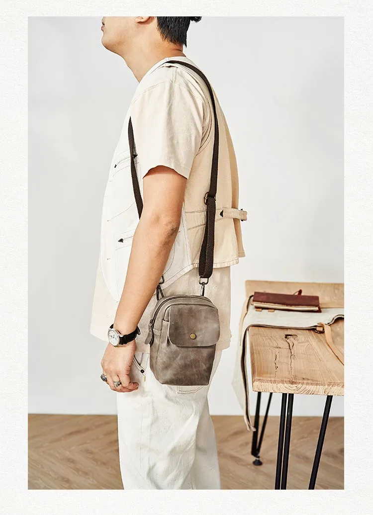 Cool Black Leather Mens Small Messenger Bag Courier Bag Chest Bag Phone Side Bag for men