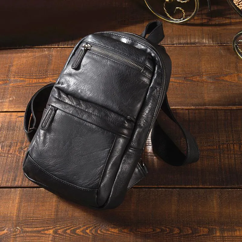 Cool Black Mens Leather One Shoulder Backpack Sling Bag Sling Crossbody Bag Chest Bag for Men