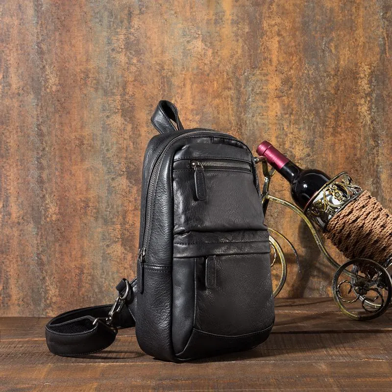 Cool Black Mens Leather One Shoulder Backpack Sling Bag Sling Crossbody Bag Chest Bag for Men