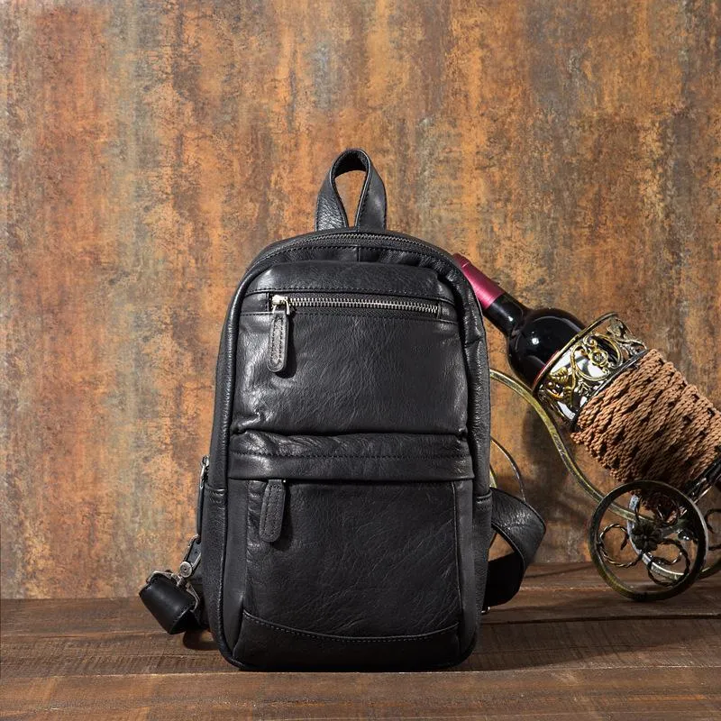Cool Black Mens Leather One Shoulder Backpack Sling Bag Sling Crossbody Bag Chest Bag for Men