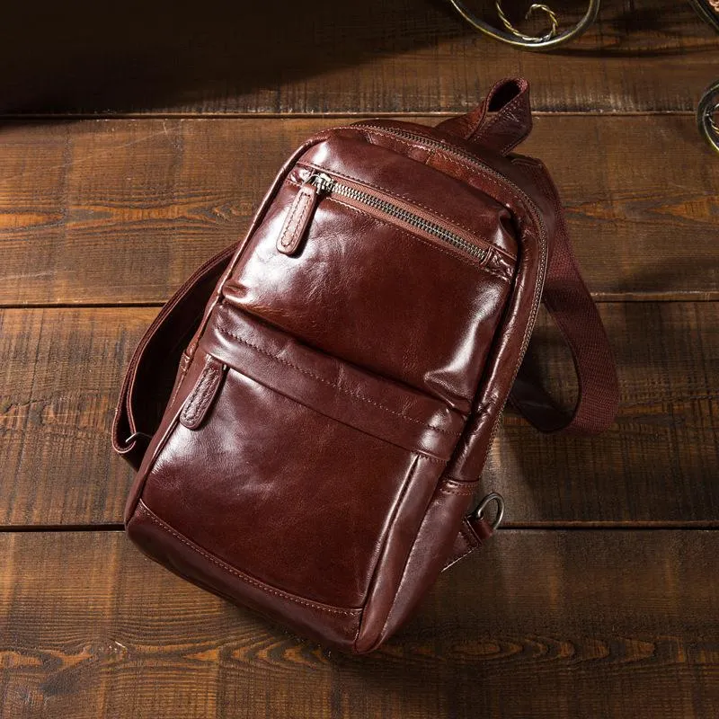 Cool Black Mens Leather One Shoulder Backpack Sling Bag Sling Crossbody Bag Chest Bag for Men