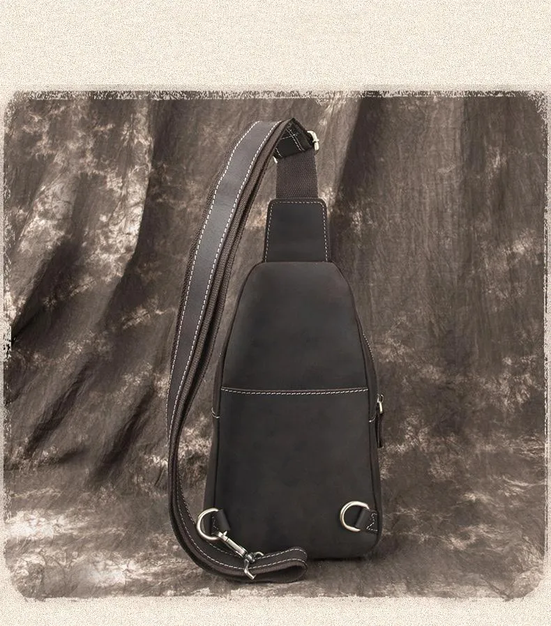 Cool Black Mens Leather Sling Bag Sling Backpack Chest Bag Sling Shoulder Bag For Men