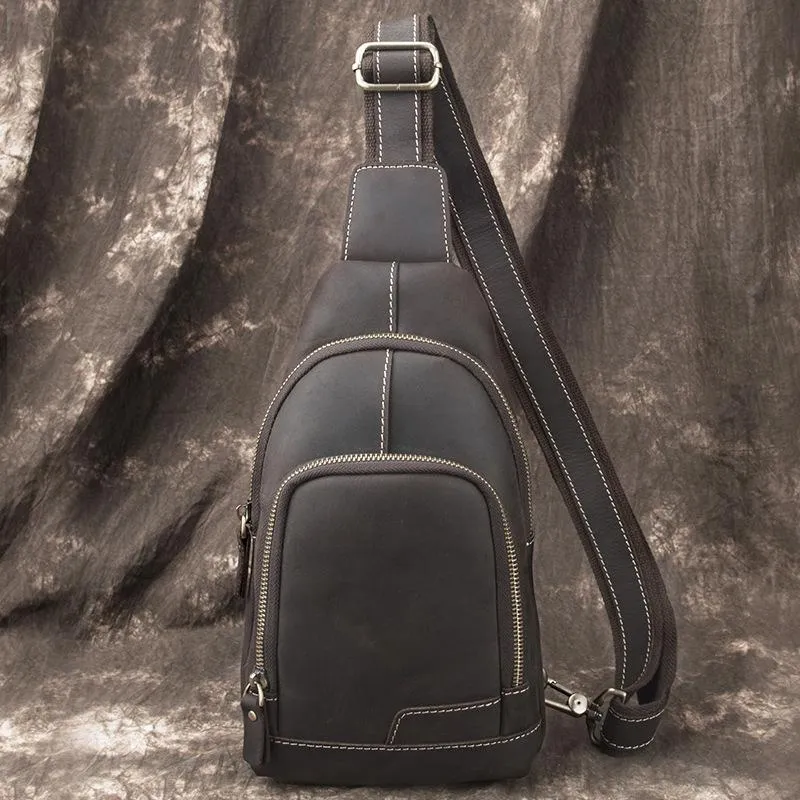 Cool Black Mens Leather Sling Bag Sling Backpack Chest Bag Sling Shoulder Bag For Men