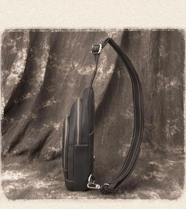 Cool Black Mens Leather Sling Bag Sling Backpack Chest Bag Sling Shoulder Bag For Men