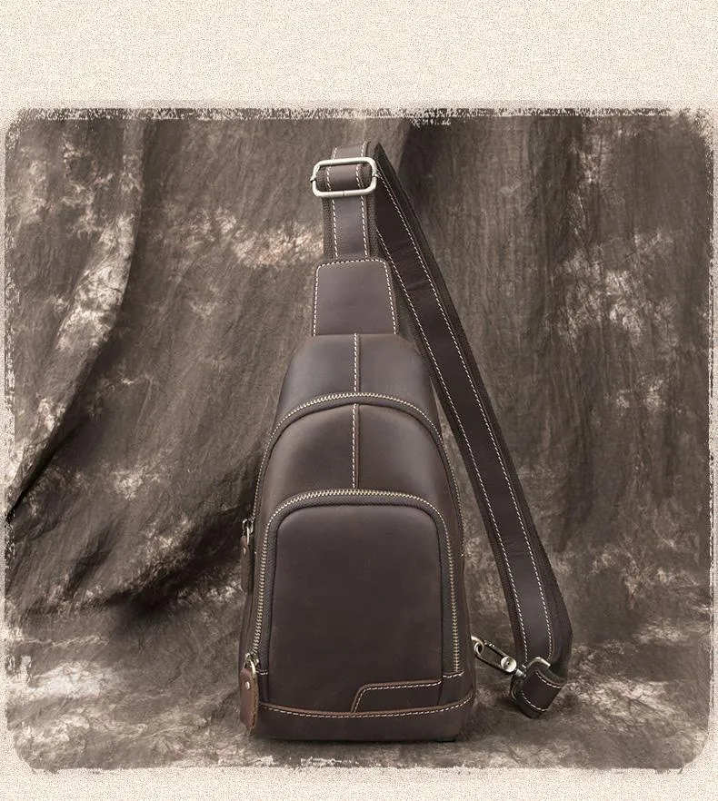 Cool Black Mens Leather Sling Bag Sling Backpack Chest Bag Sling Shoulder Bag For Men