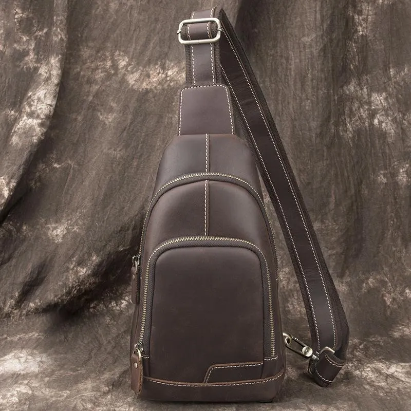 Cool Black Mens Leather Sling Bag Sling Backpack Chest Bag Sling Shoulder Bag For Men