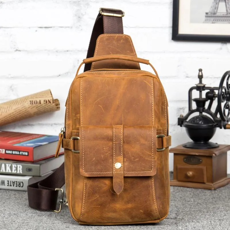 Cool Brown Leather Mens Cool Crossbody Pack Sling Bag Tan Leather Chest Bag for men
