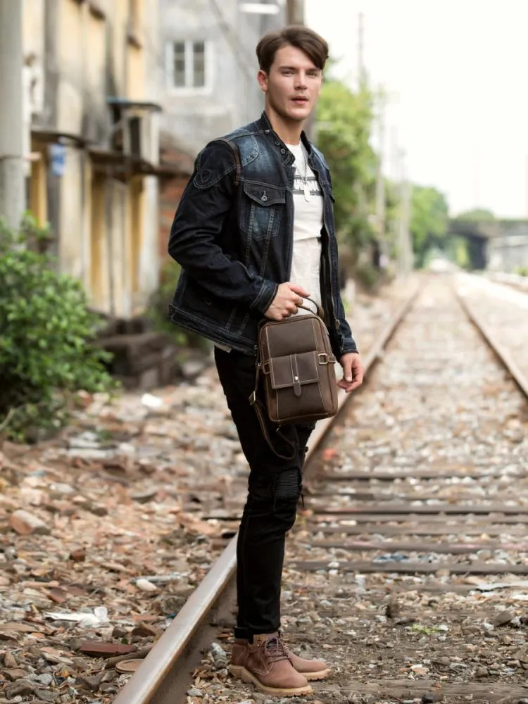 Cool Brown Leather Mens Cool Crossbody Pack Sling Bag Tan Leather Chest Bag for men