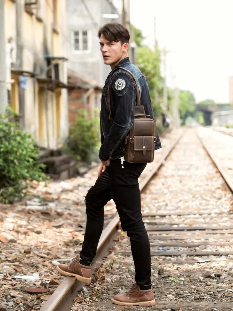 Cool Brown Leather Mens Cool Crossbody Pack Sling Bag Tan Leather Chest Bag for men
