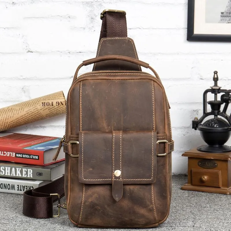 Cool Brown Leather Mens Cool Crossbody Pack Sling Bag Tan Leather Chest Bag for men