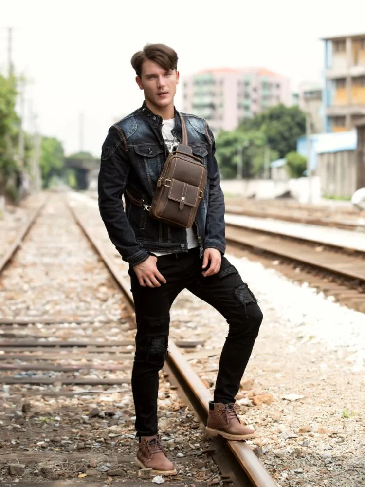Cool Brown Leather Mens Cool Crossbody Pack Sling Bag Tan Leather Chest Bag for men
