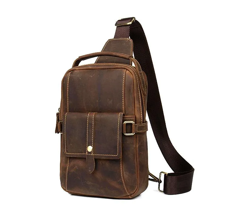 Cool Brown Leather Mens Cool Crossbody Pack Sling Bag Tan Leather Chest Bag for men
