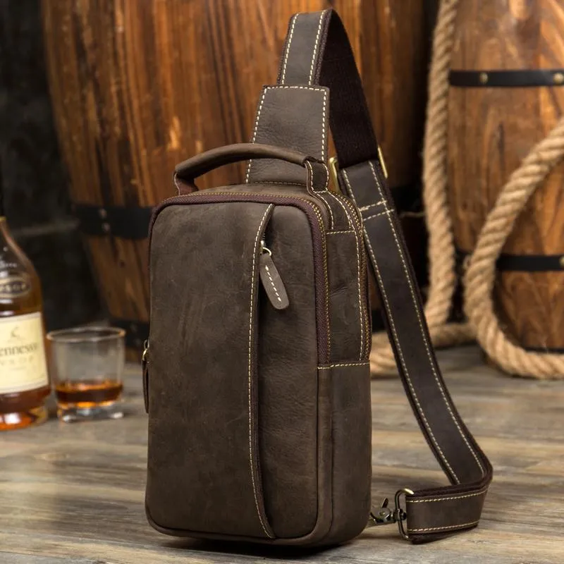 Cool Brown Leather Mens Cool Sling Bag Brown Crossbody Pack Leather Chest Bag for men