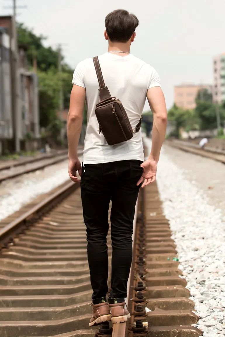 Cool Brown Leather Mens Cool Sling Bag Brown Crossbody Pack Leather Chest Bag for men