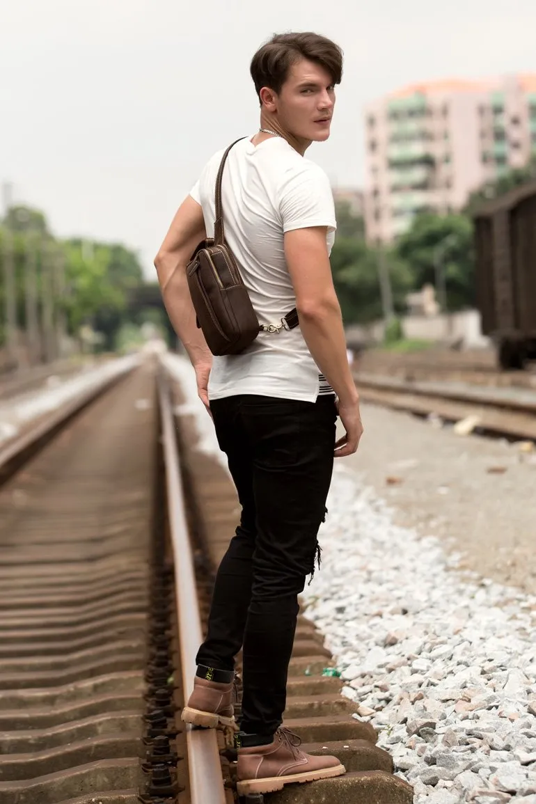Cool Brown Leather Mens Cool Sling Bag Brown Crossbody Pack Leather Chest Bag for men