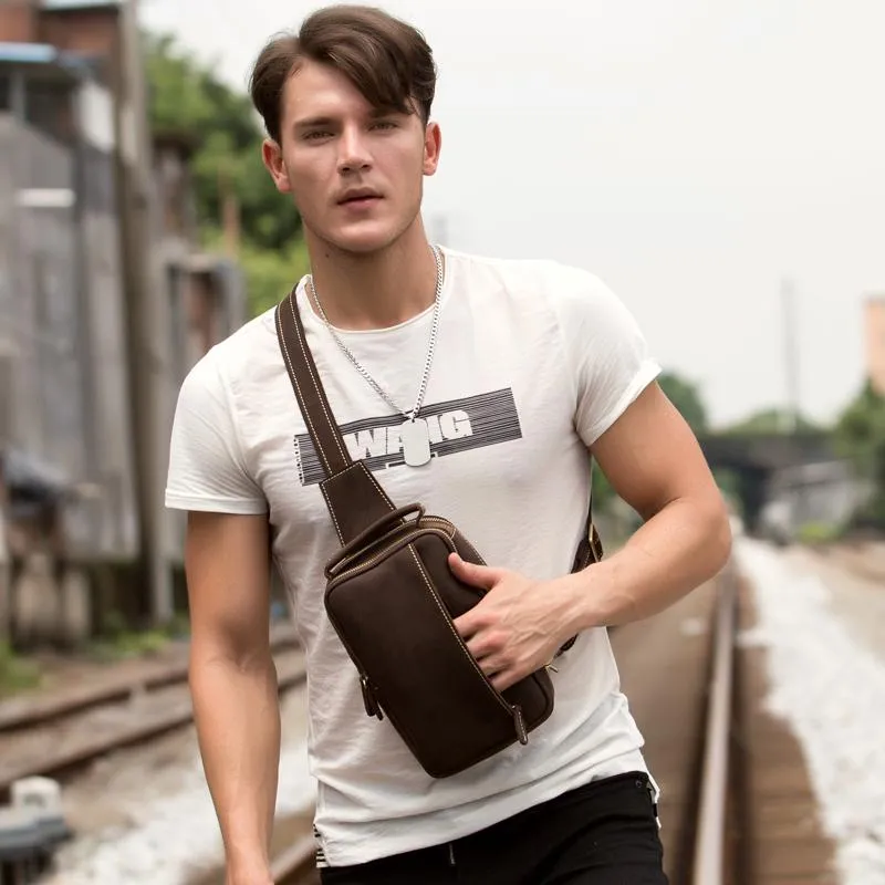 Cool Brown Leather Mens Cool Sling Bag Brown Crossbody Pack Leather Chest Bag for men