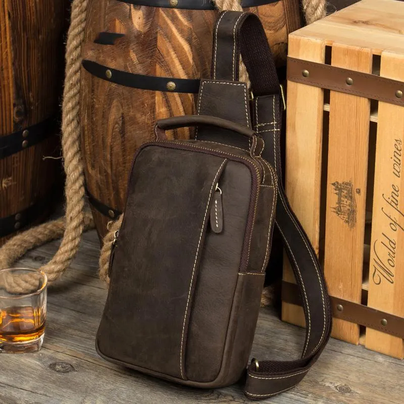 Cool Brown Leather Mens Cool Sling Bag Brown Crossbody Pack Leather Chest Bag for men