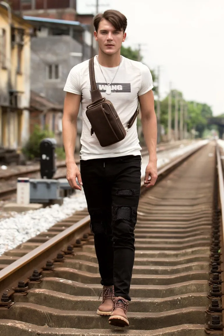Cool Brown Leather Mens Cool Sling Bag Brown Crossbody Pack Leather Chest Bag for men