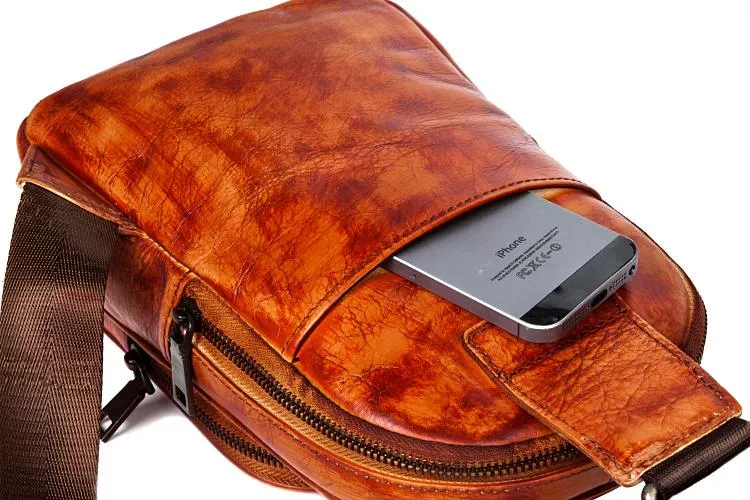 Cool Brown Leather Mens Cool Sling Bag Coffee Crossbody Pack Chest Bag for men