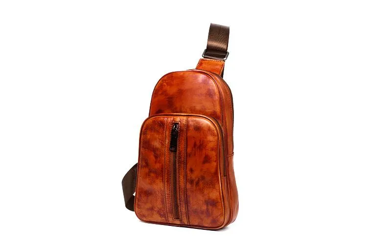 Cool Brown Leather Mens Cool Sling Bag Coffee Crossbody Pack Chest Bag for men