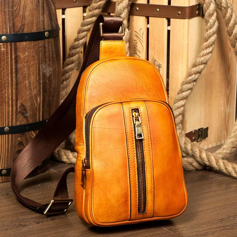 Cool Brown Leather Mens Cool Sling Bag Coffee Crossbody Pack Chest Bag for men