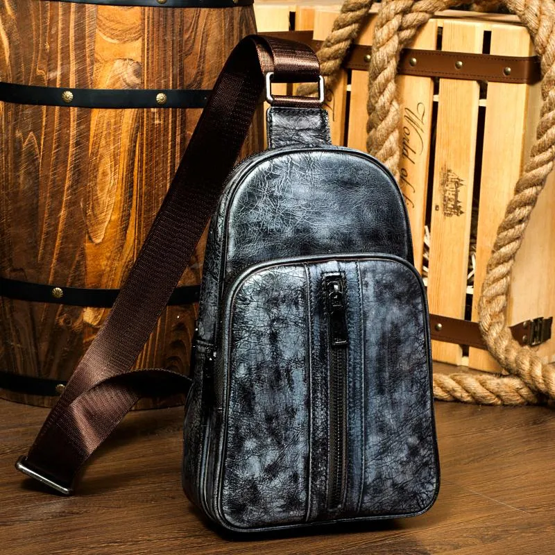 Cool Brown Leather Mens Cool Sling Bag Coffee Crossbody Pack Chest Bag for men