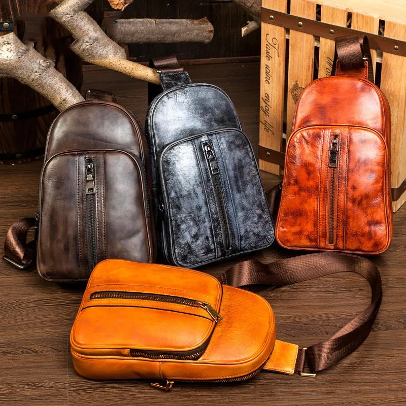 Cool Brown Leather Mens Cool Sling Bag Coffee Crossbody Pack Chest Bag for men