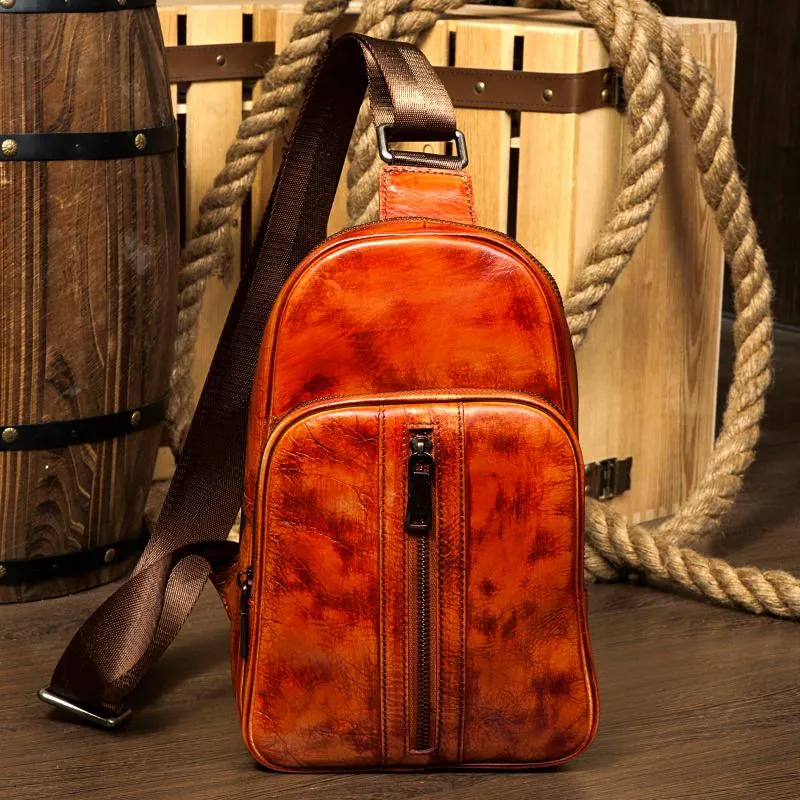 Cool Brown Leather Mens Cool Sling Bag Coffee Crossbody Pack Chest Bag for men