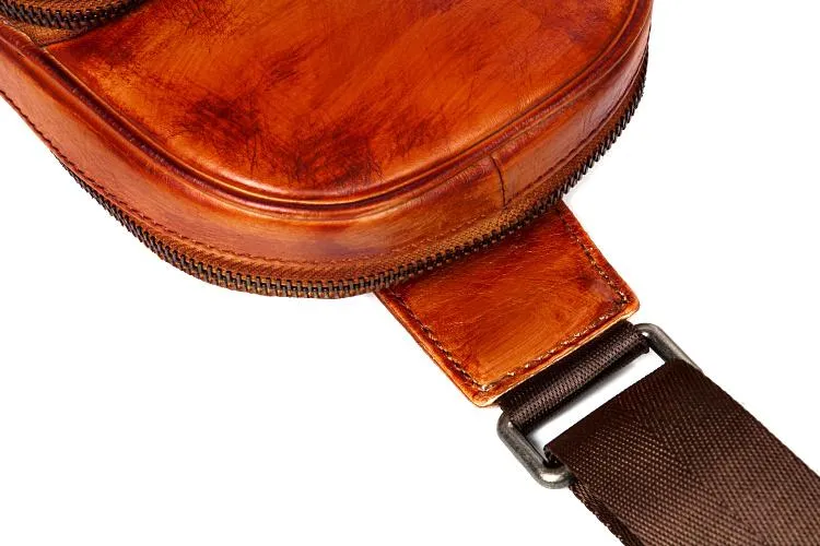 Cool Brown Leather Mens Cool Sling Bag Coffee Crossbody Pack Chest Bag for men
