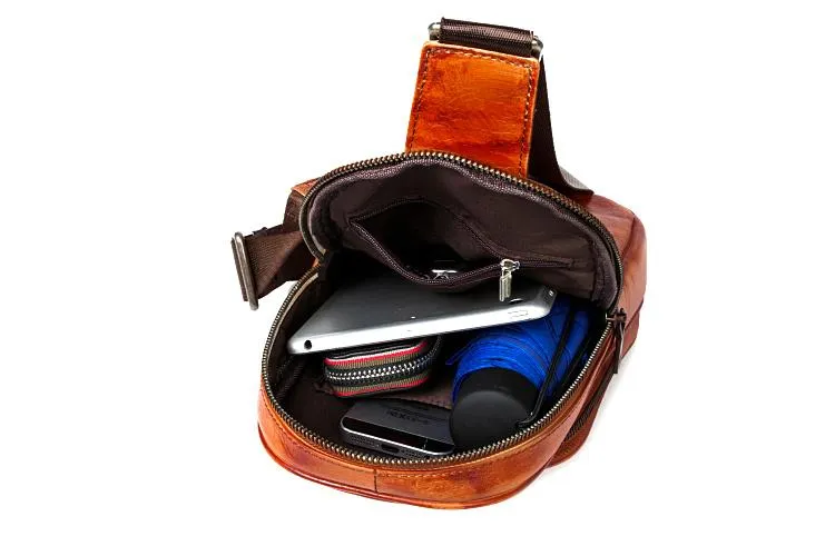 Cool Brown Leather Mens Cool Sling Bag Coffee Crossbody Pack Chest Bag for men