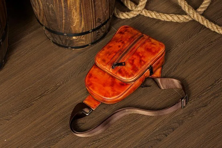 Cool Brown Leather Mens Cool Sling Bag Coffee Crossbody Pack Chest Bag for men