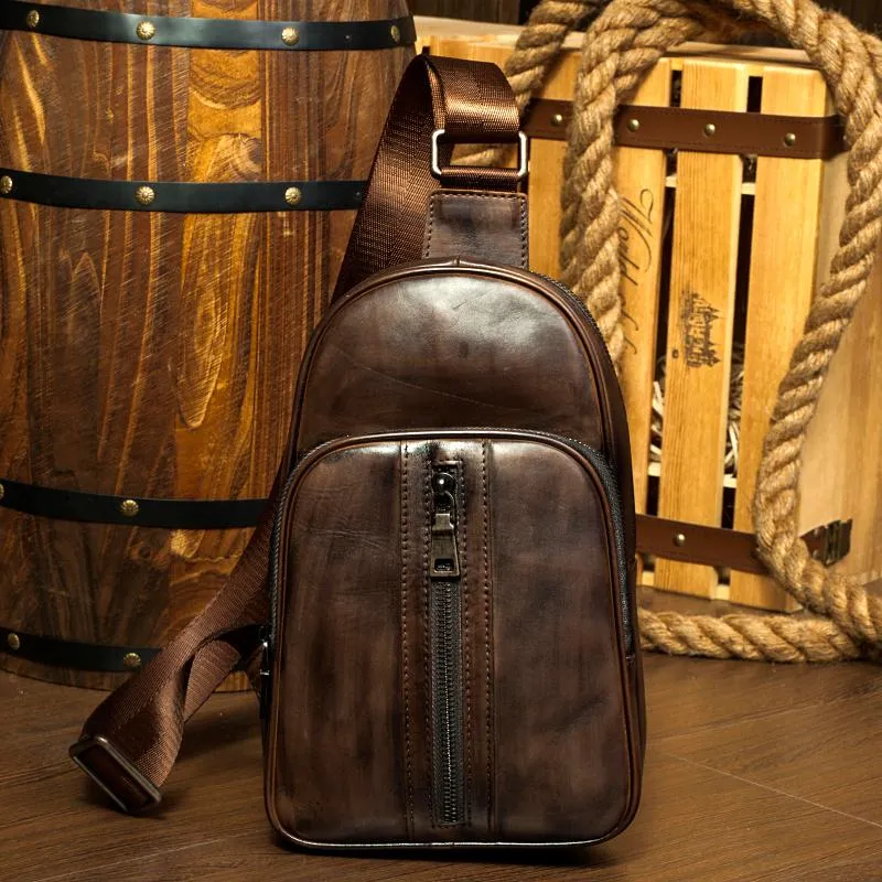 Cool Brown Leather Mens Cool Sling Bag Coffee Crossbody Pack Chest Bag for men