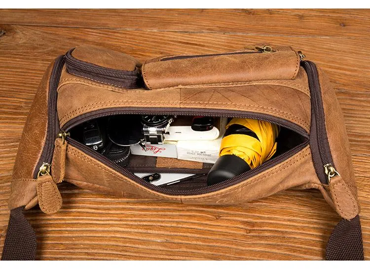 Cool Brown Leather Mens Large Fanny Pack Barrel Waist Bag Chest Bag Hip Pack Bum Pack for men