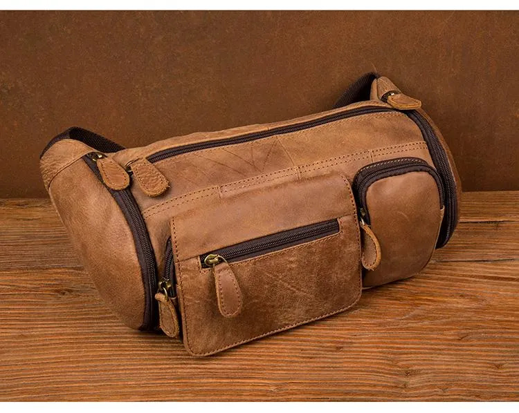 Cool Brown Leather Mens Large Fanny Pack Barrel Waist Bag Chest Bag Hip Pack Bum Pack for men