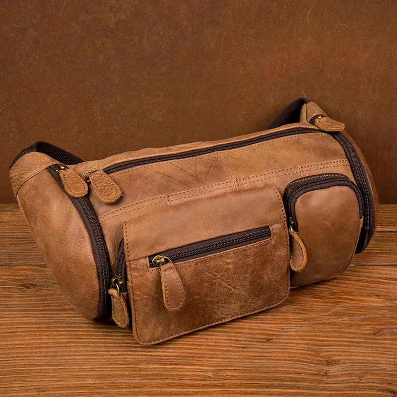 Cool Brown Leather Mens Large Fanny Pack Barrel Waist Bag Chest Bag Hip Pack Bum Pack for men