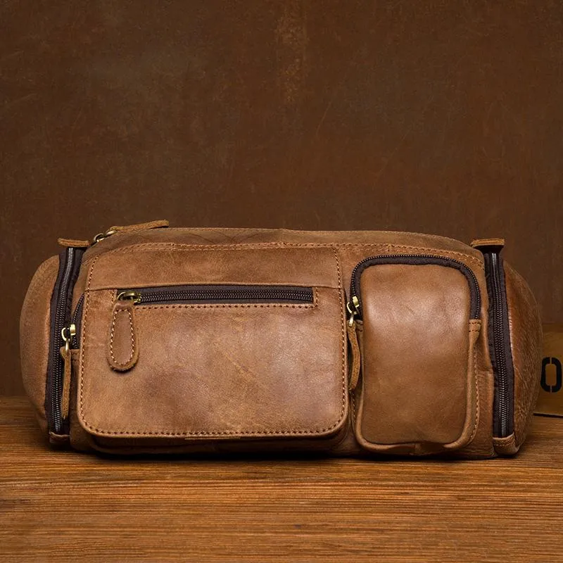 Cool Brown Leather Mens Large Fanny Pack Barrel Waist Bag Chest Bag Hip Pack Bum Pack for men