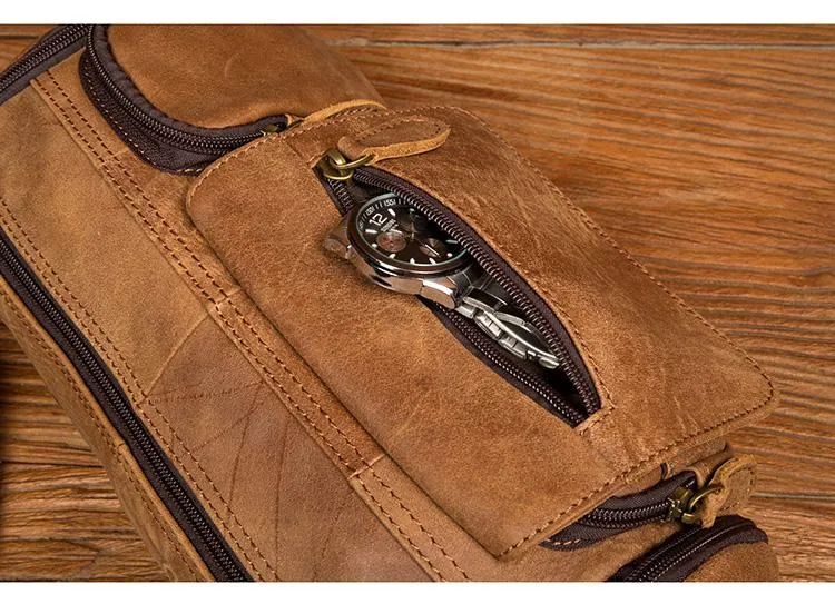 Cool Brown Leather Mens Large Fanny Pack Barrel Waist Bag Chest Bag Hip Pack Bum Pack for men