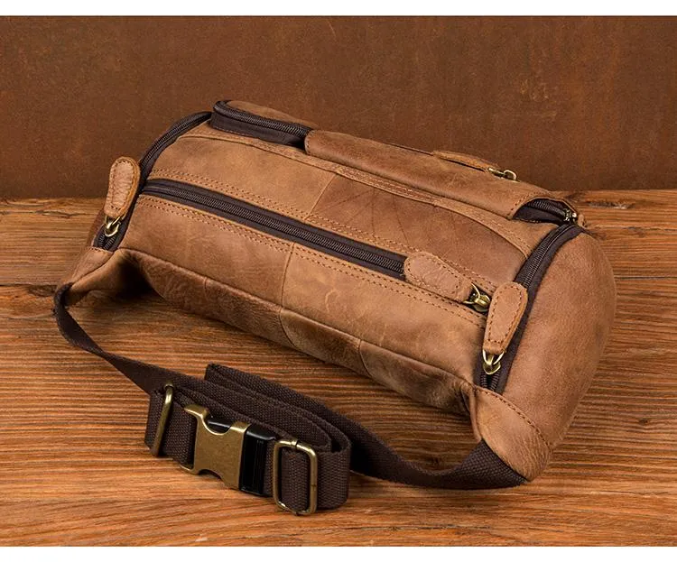 Cool Brown Leather Mens Large Fanny Pack Barrel Waist Bag Chest Bag Hip Pack Bum Pack for men