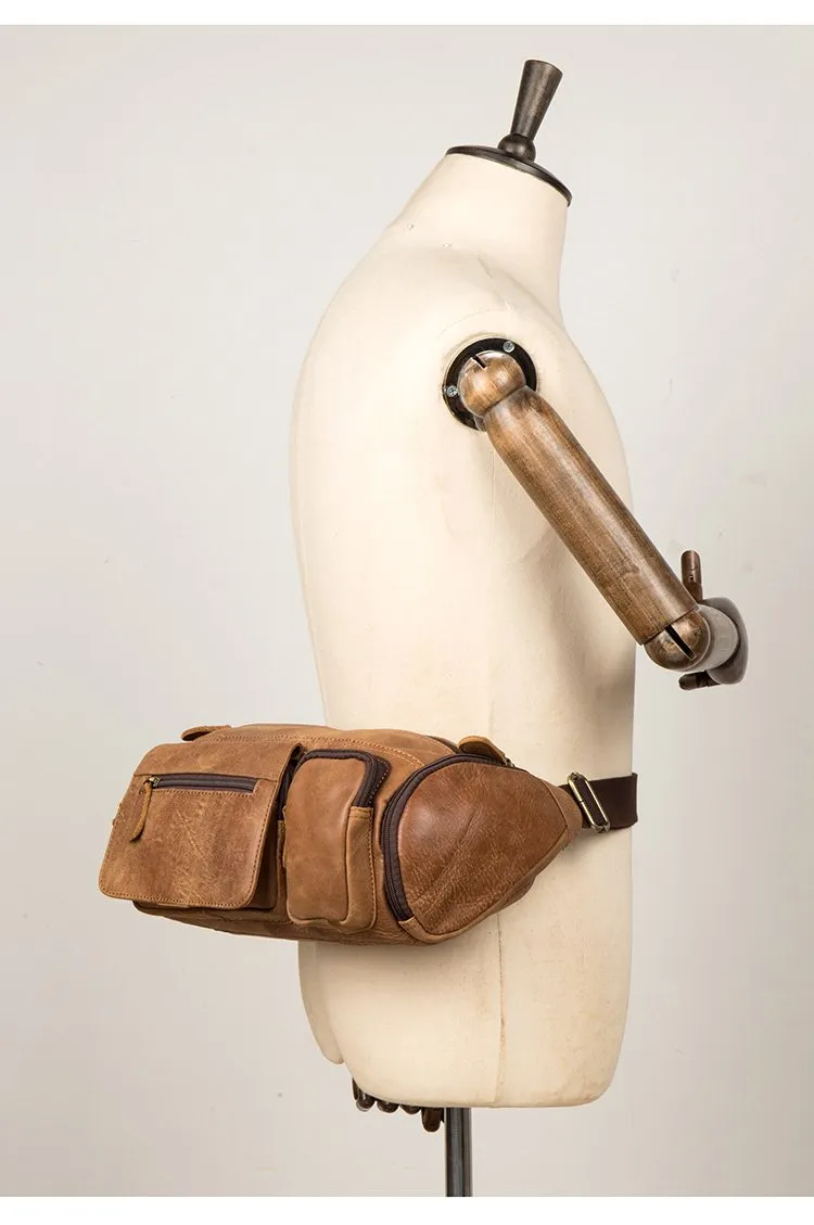 Cool Brown Leather Mens Large Fanny Pack Barrel Waist Bag Chest Bag Hip Pack Bum Pack for men
