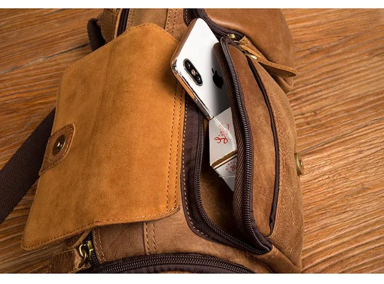 Cool Brown Leather Mens Large Fanny Pack Barrel Waist Bag Chest Bag Hip Pack Bum Pack for men