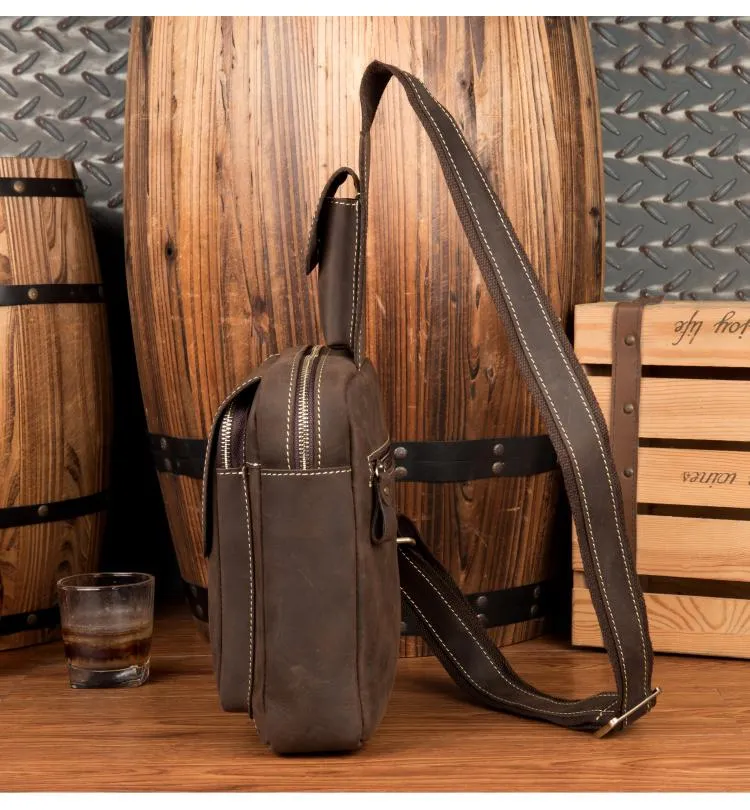 Cool Brown Leather Mens One Shoulder Backpack Sling Bag Brown Crossbody Pack Chest Bag for men
