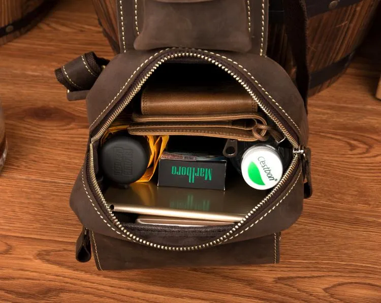 Cool Brown Leather Mens One Shoulder Backpack Sling Bag Brown Crossbody Pack Chest Bag for men