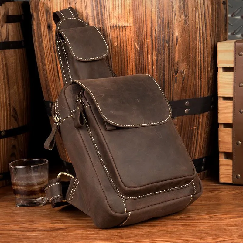 Cool Brown Leather Mens One Shoulder Backpack Sling Bag Brown Crossbody Pack Chest Bag for men