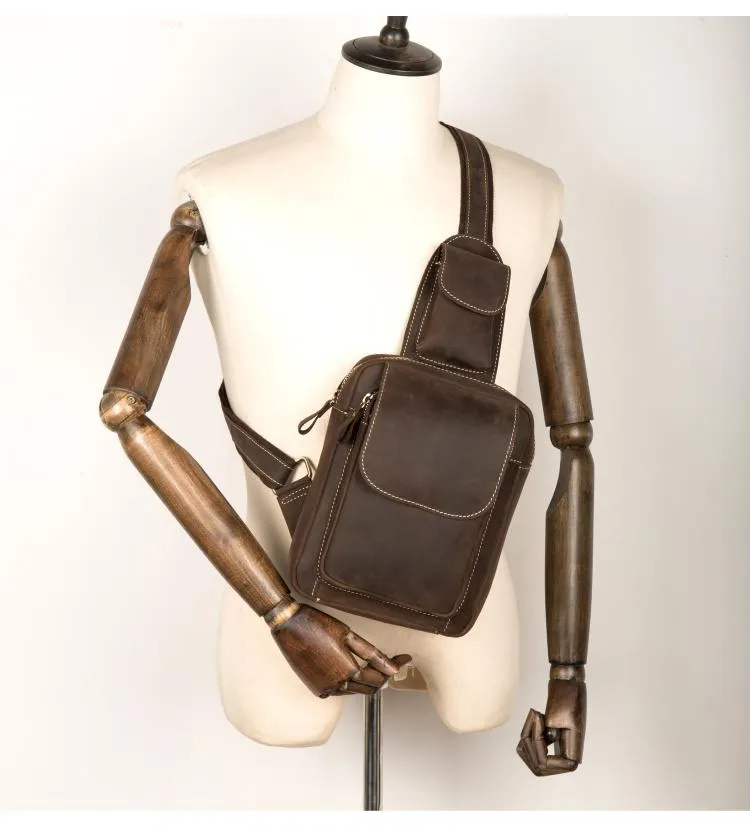 Cool Brown Leather Mens One Shoulder Backpack Sling Bag Brown Crossbody Pack Chest Bag for men