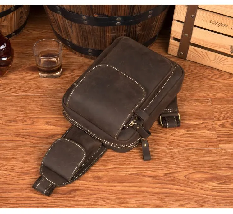 Cool Brown Leather Mens One Shoulder Backpack Sling Bag Brown Crossbody Pack Chest Bag for men